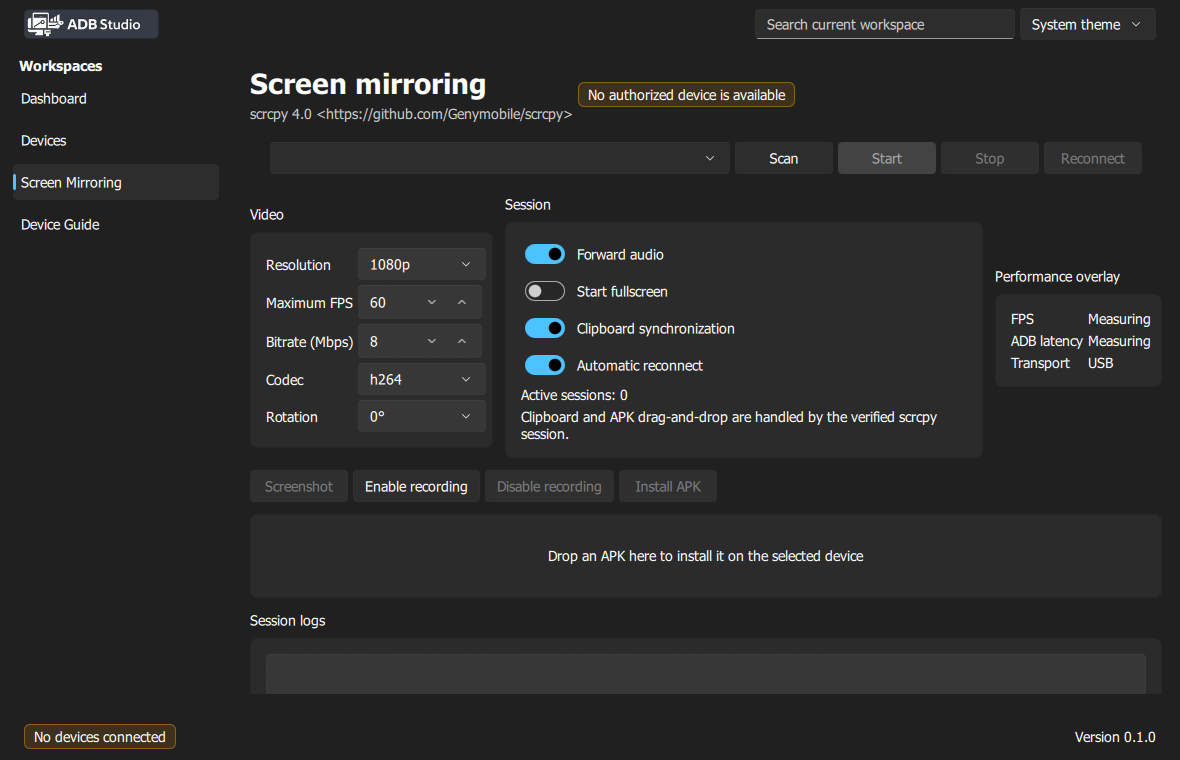 Real ADB Studio screen mirroring interface